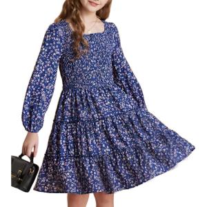 GRACE KARIN Girls Fall Long Sleeve Floral Square Neck Smock Tiered Casual Holiday Teen Dress Size 5-14(Navy Blue Floral)