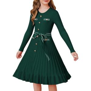GRACE KARIN Girls Fall Sweater Dress Tween Long Sleeve Fashion Button Front Fancy Ruffle Winter Casual Dresses Size 6-14(Green)