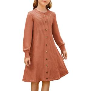 GRACE KARIN Girls Fall Sweater Dresses, Girl Long Sleeve Winter Dress, Kids Knit Casual Formal Dresses Size 6-14(Brown)