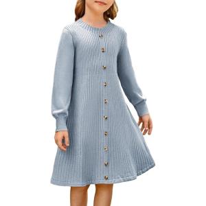 GRACE KARIN Girls Fall Sweater Dresses, Girl Long Sleeve Winter Dress, Kids Knit Casual Formal Dresses Size 6-14(Dusty Blue)