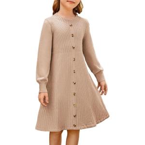 GRACE KARIN Girls Fall Sweater Dresses, Girl Long Sleeve Winter Dress, Kids Knit Casual Formal Dresses Size 6-14(Khaki)