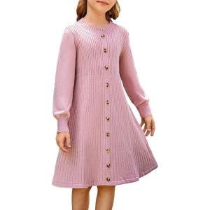 GRACE KARIN Girls Fall Sweater Dresses, Girl Long Sleeve Winter Dress, Kids Knit Casual Formal Dresses Size 6-14(Light Pink)