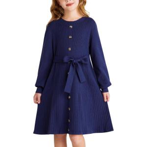 GRACE KARIN Girls Fall Sweater Dresses, Girl Long Sleeve Winter Dress, Kids Knit Casual Formal Dresses Size 6-14(Navy Blue)