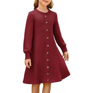 GRACE KARIN Girls Fall Sweater Dresses, Girl Long Sleeve Winter Dress, Kids Knit Casual Formal Dresses Size 6-14(Red)