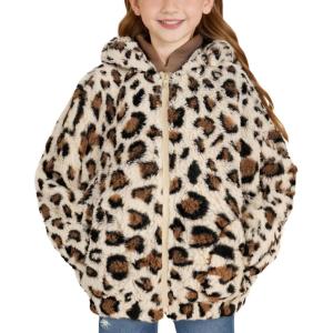 GRACE KARIN Girls Fleece Jacket Zip Up Sherpa Coat Kids Fall Hoodie Fuzzy Sweatshirt Size 5-14(Apricot Leopard)