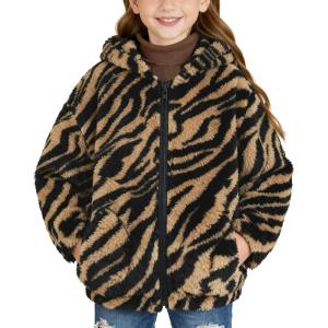 GRACE KARIN Girls Fleece Jacket Zip Up Sherpa Coat Kids Fall Hoodie Fuzzy Sweatshirt Size 5-14(Brown Zebra Print)
