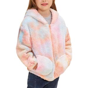 GRACE KARIN Girls Fleece Jacket Zip Up Sherpa Coat Kids Fall Hoodie Fuzzy Sweatshirt Size 5-14(Orange Tie-dye)