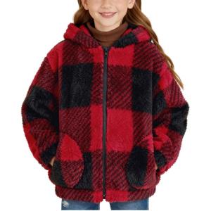 GRACE KARIN Girls Fleece Jacket Zip Up Sherpa Coat Kids Fall Hoodie Fuzzy Sweatshirt Size 5-14(Red Black Plaid)