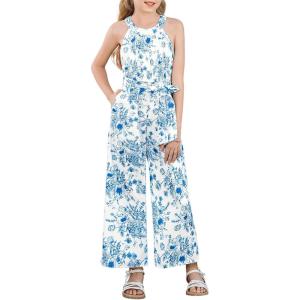 GRACE KARIN Girls Floral Jumpsuit Kids Halter Summer Belted Romper Wide Led Long Pants Size 7-14Y(Blue and White)