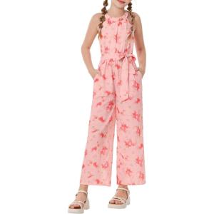 GRACE KARIN Girls Floral Jumpsuit Kids Halter Summer Belted Romper Wide Led Long Pants Size 7-14Y(Pink and Red)