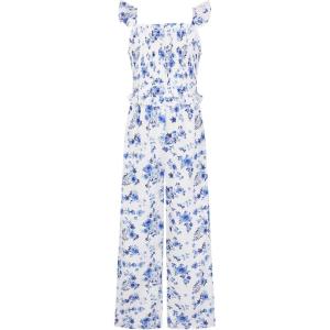 GRACE KARIN Girls Floral Jumpsuit Outfits Fashion Hawaiian Casual Ruffle Straight Wide Leg Pants Rompers 7-14 Years(Blue Floral)