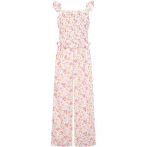 GRACE KARIN Girls Floral Jumpsuit Outfits Fashion Hawaiian Casual Ruffle Straight Wide Leg Pants Rompers 7-14 Years(Pink&yellow Floral)