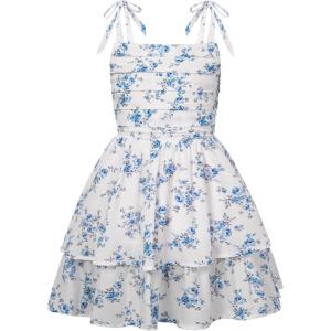GRACE KARIN Girls Floral Smocked Dress Summer Layered Tie Shoulder Bowknot Flowy Dresses for 7-14 Years(Blue)