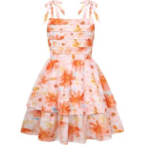 GRACE KARIN Girls Floral Smocked Dress Summer Layered Tie Shoulder Bowknot Flowy Dresses for 7-14 Years(Orange)