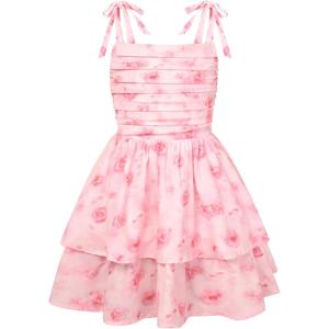 GRACE KARIN Girls Floral Smocked Dress Summer Layered Tie Shoulder Bowknot Flowy Dresses for 7-14 Years(Pink)