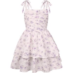 GRACE KARIN Girls Floral Smocked Dress Summer Layered Tie Shoulder Bowknot Flowy Dresses for 7-14 Years(Purple)