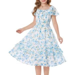 GRACE KARIN Girls Floral Summer Dress Flutter Sleeve Square Neck Midi Casual Dress for Girl 6-14Y(Light Blue)