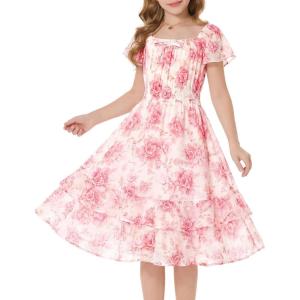 GRACE KARIN Girls Floral Summer Dress Flutter Sleeve Square Neck Midi Casual Dress for Girl 6-14Y(Pink White)