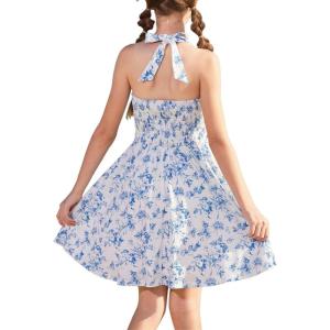 GRACE KARIN Girls Floral Summer Dress Spring Holiday Beach Party Sundress Halter Neck Tie Backless Dresses 7-14 Years(Blue)