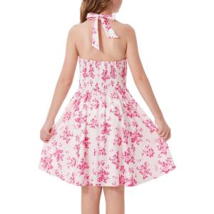 GRACE KARIN Girls Floral Summer Dress Spring Holiday Beach Party Sundress Halter Neck Tie Backless Dresses 7-14 Years(Rose Red)