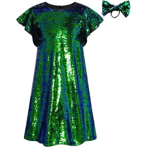 GRACE KARIN Girls Flutter Sleeve Sequin Dresses Kids Crew Neck Sparkly Fancy Formal Party Dress with Hairbow 5-12 Years(Green)