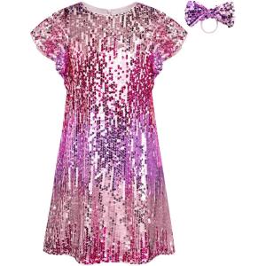 GRACE KARIN Girls Flutter Sleeve Sequin Dresses Kids Crew Neck Sparkly Fancy Formal Party Dress with Hairbow 5-12 Years(Light Purple)