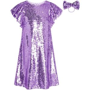 GRACE KARIN Girls Flutter Sleeve Sequin Dresses Kids Crew Neck Sparkly Fancy Formal Party Dress with Hairbow 5-12 Years(Purple)