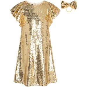 GRACE KARIN Girls Flutter Sleeve Sequin Dresses Kids Crew Neck Sparkly Fancy Formal Party Dress with Hairbow 5-12 Years(Rose Gold)