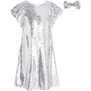 GRACE KARIN Girls Flutter Sleeve Sequin Dresses Kids Crew Neck Sparkly Fancy Formal Party Dress with Hairbow 5-12 Years(Silver)