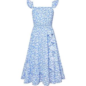 GRACE KARIN Girls Flutter Sleeve Smocked Floral Dresses, Kids Easter Spring Summer Dress, Teen Hawaiian Maxi Long Dresses(Blue Floral)