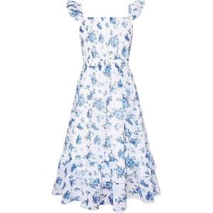GRACE KARIN Girls Flutter Sleeve Smocked Floral Dresses, Kids Easter Spring Summer Dress, Teen Hawaiian Maxi Long Dresses(Blue Flowers on White)
