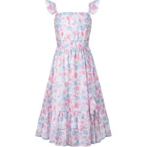 GRACE KARIN Girls Flutter Sleeve Smocked Floral Dresses, Kids Easter Spring Summer Dress, Teen Hawaiian Maxi Long Dresses(Blue Pink)