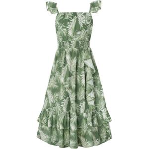 GRACE KARIN Girls Flutter Sleeve Smocked Floral Dresses, Kids Easter Spring Summer Dress, Teen Hawaiian Maxi Long Dresses(Green Leaves)
