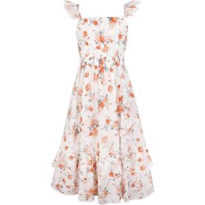 GRACE KARIN Girls Flutter Sleeve Smocked Floral Dresses, Kids Easter Spring Summer Dress, Teen Hawaiian Maxi Long Dresses(Orange Floral)
