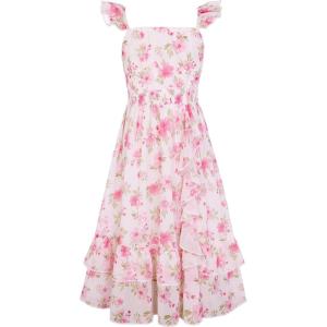 GRACE KARIN Girls Flutter Sleeve Smocked Floral Dresses, Kids Easter Spring Summer Dress, Teen Hawaiian Maxi Long Dresses(Pink Flower)