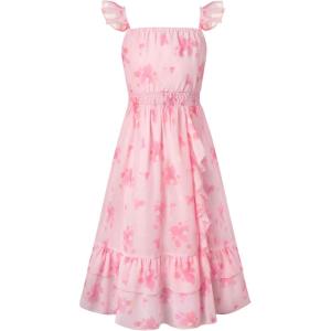 GRACE KARIN Girls Flutter Sleeve Smocked Floral Dresses, Kids Easter Spring Summer Dress, Teen Hawaiian Maxi Long Dresses(Rose Pink Floral)