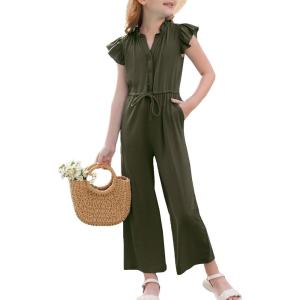 GRACE KARIN Girls Jumpsuit Fashion Ruffle Sleeve Drastring Waist Button Front Romper Kids Summer Outfit Size 6-14(Army Green)