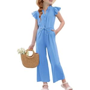 GRACE KARIN Girls Jumpsuit Fashion Ruffle Sleeve Drastring Waist Button Front Romper Kids Summer Outfit Size 6-14(Light Blue)