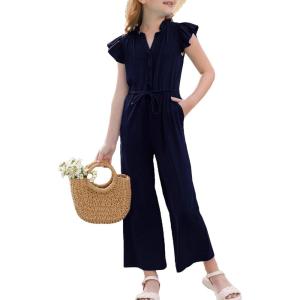 GRACE KARIN Girls Jumpsuit Fashion Ruffle Sleeve Drastring Waist Button Front Romper Kids Summer Outfit Size 6-14(Navy Blue)