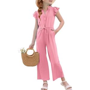 GRACE KARIN Girls Jumpsuit Fashion Ruffle Sleeve Drastring Waist Button Front Romper Kids Summer Outfit Size 6-14(Pink)