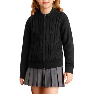 GRACE KARIN Girls Knit Cardigan Sweater Zip Long Sleeve Kids School Uniform Fall Jacket Size 6-14(Black)