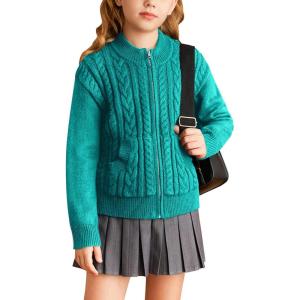 GRACE KARIN Girls Knit Cardigan Sweater Zip Long Sleeve Kids School Uniform Fall Jacket Size 6-14(Blue-green)