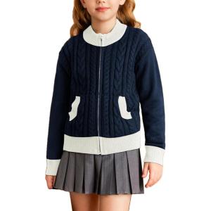 GRACE KARIN Girls Knit Cardigan Sweater Zip Long Sleeve Kids School Uniform Fall Jacket Size 6-14(Blue-white)