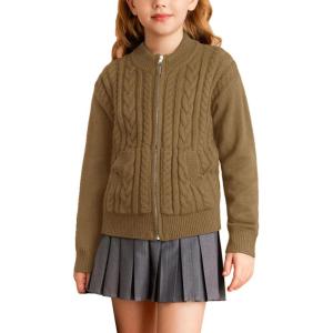 GRACE KARIN Girls Knit Cardigan Sweater Zip Long Sleeve Kids School Uniform Fall Jacket Size 6-14(Brown)