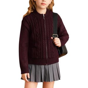 GRACE KARIN Girls Knit Cardigan Sweater Zip Long Sleeve Kids School Uniform Fall Jacket Size 6-14(Wine Red)