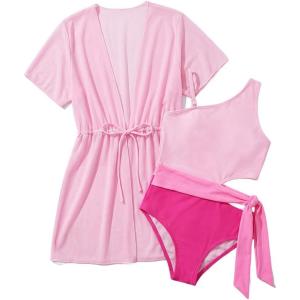 GRACE KARIN Girls One Piece One Shoulder Swimsuits Kids Cutout Waist Bathing Suits with Kimono Contrast Color Swimwear 6-14(Pink)