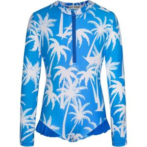 GRACE KARIN Girls One Piece Swimsuits Long Sleeve Bathing Suits Swimwear 5-14Y(Blue Coconut Tree)
