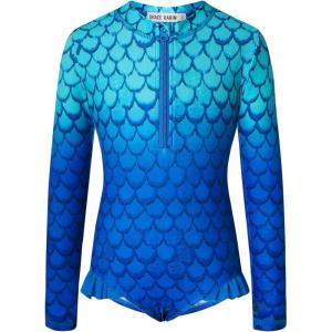 GRACE KARIN Girls One Piece Swimsuits Long Sleeve Bathing Suits Swimwear 5-14Y(Blue Fish Scale)