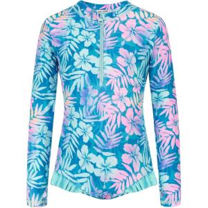 GRACE KARIN Girls One Piece Swimsuits Long Sleeve Bathing Suits Swimwear 5-14Y(Blue Pink Floral)