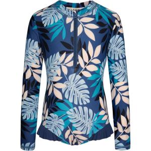GRACE KARIN Girls One Piece Swimsuits Long Sleeve Bathing Suits Swimwear 5-14Y(Dark Blue Palm Leaves)